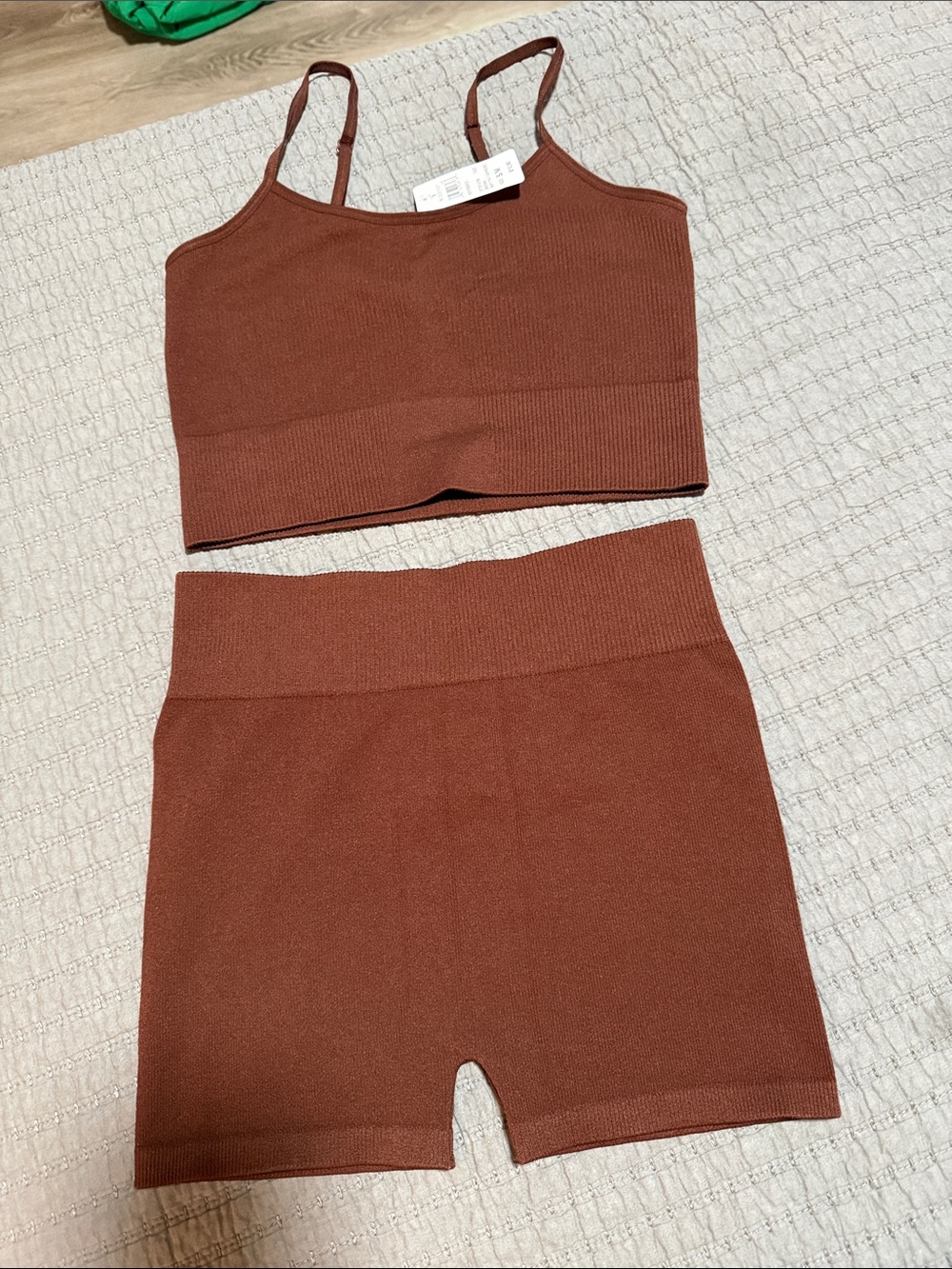 Brown Ribbed Crop Tank & Biker Short Set